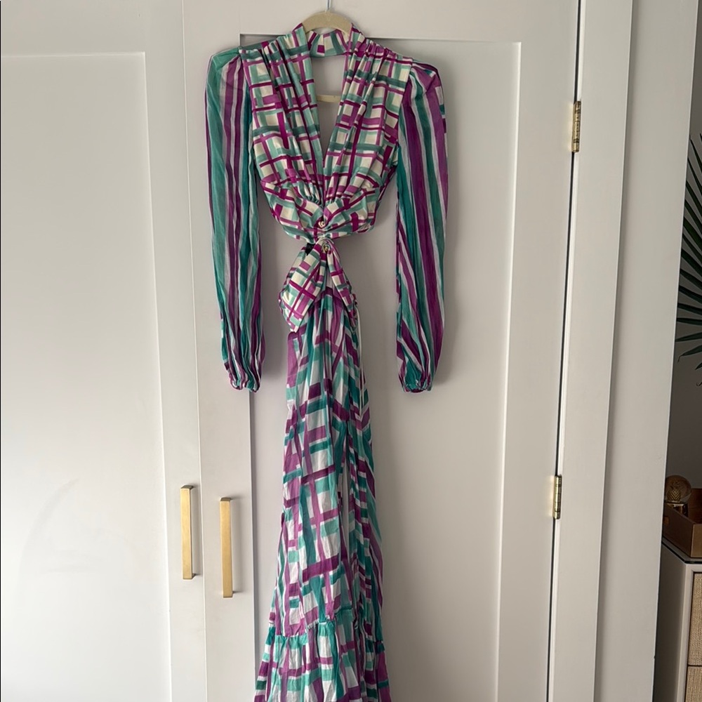 PatBO Purple and Green Long Sleeve Gown